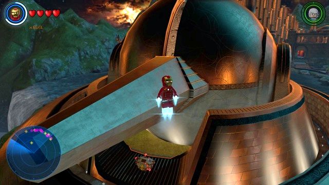 Fly to the air after arriving at Asgard and land on the small platform below - Golden bricks - Asgard - secrets - LEGO Marvels Avengers - Game Guide and Walkthrough
