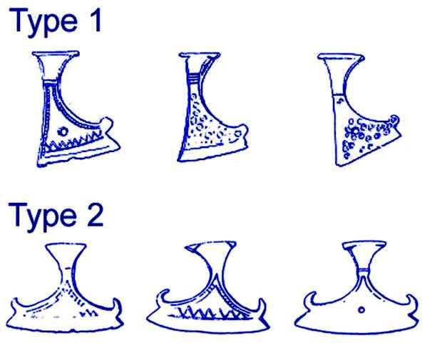 Drawings of Slavic axe amulets based on archaeological findings dating between the 11th and 12th century.